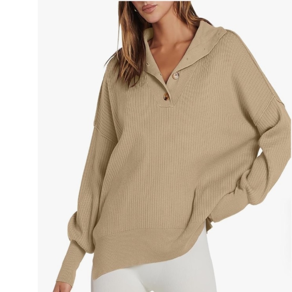 Women's Relaxed Long Sleeve Lapel Collar Sweater Small - Picture 3 of 10